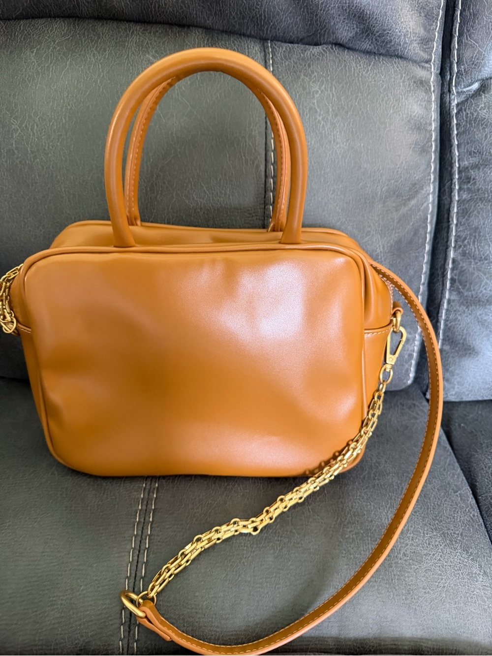Anthropologie Caramel Brown Leatherette Top-Handle Crossbody with Gold Chain